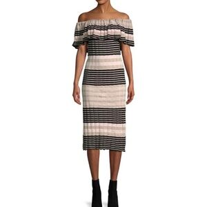 Free People Midi Dress Large Black‎ Beige Striped Off-Shoulder Ruffle Knit